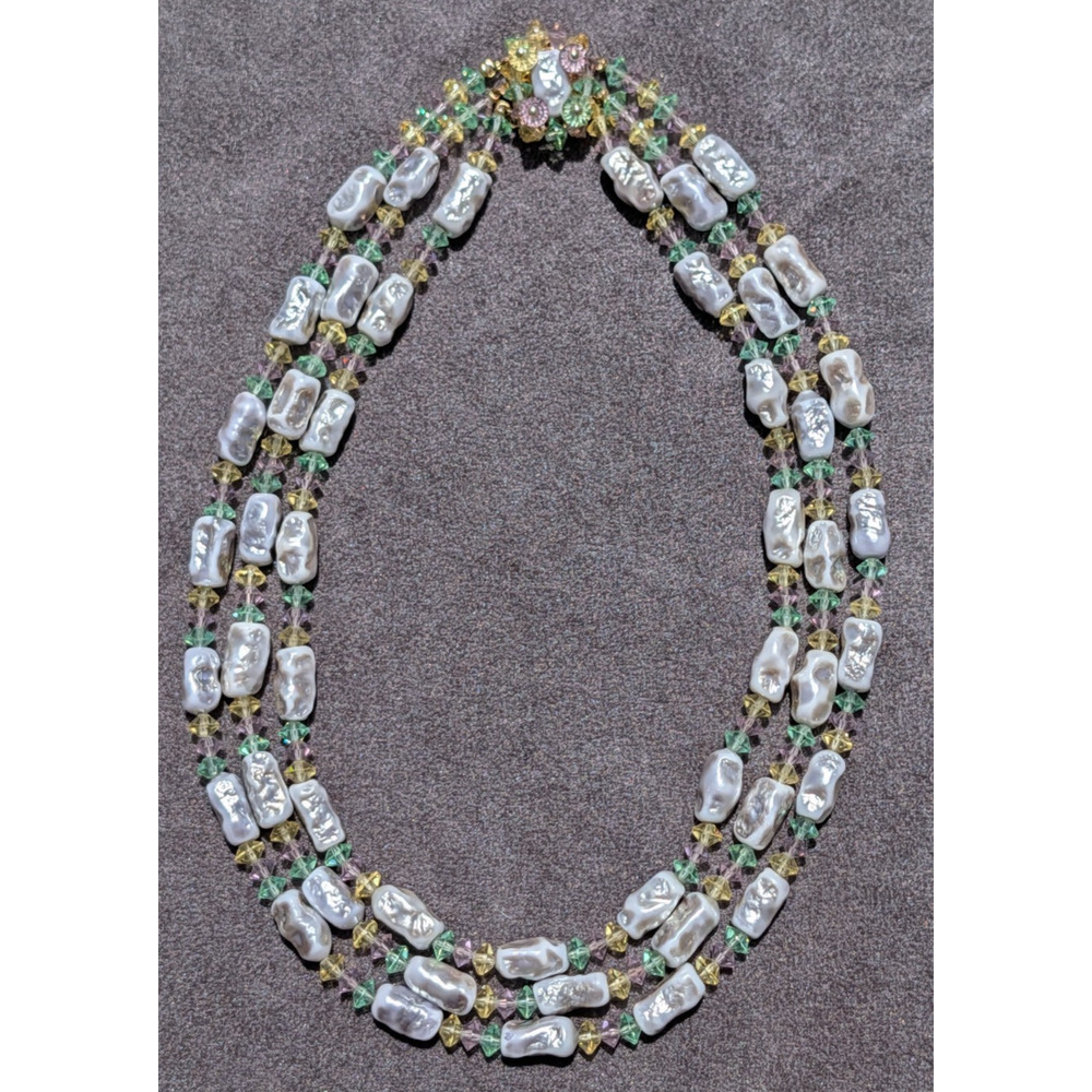 VTG Miriam Haskell Style Pastel Glass Bead & Baroque Pearl Necklace Unsigned